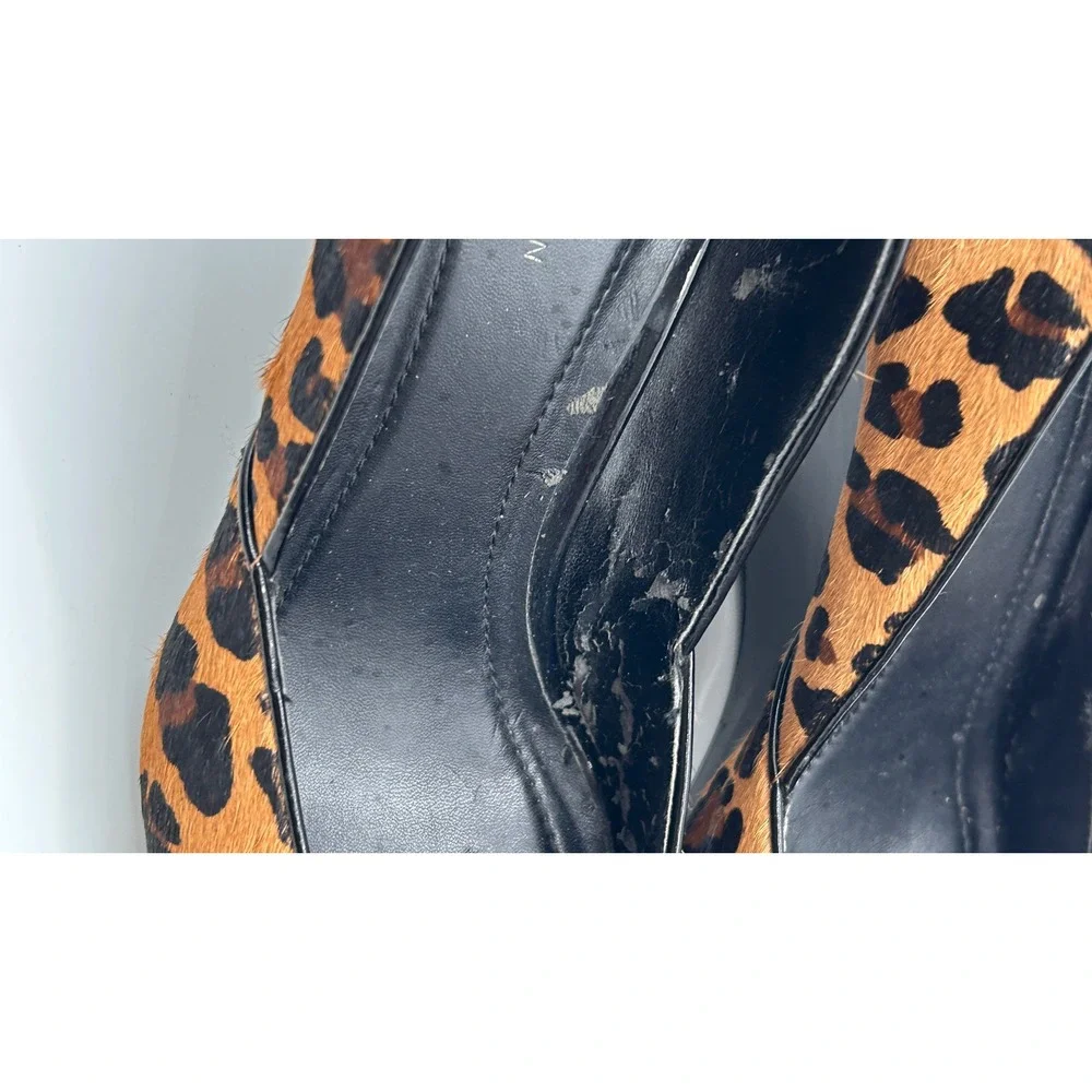 BCBG Generation Leopard Print Calf Hair Peep Toe Wedge Heels Mob Wife Old Money